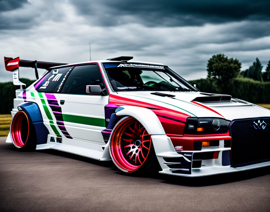 Wide-body kit sports car with striped paint, large wing, red rims, custom bumper on cloudy day