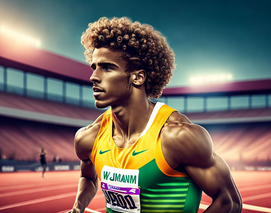 Male athlete with curly hair in yellow jersey at twilight stadium