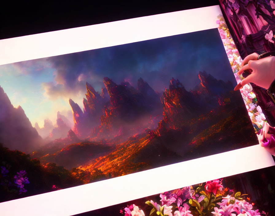 Mystical landscape digital painting with towering spires and lush flora