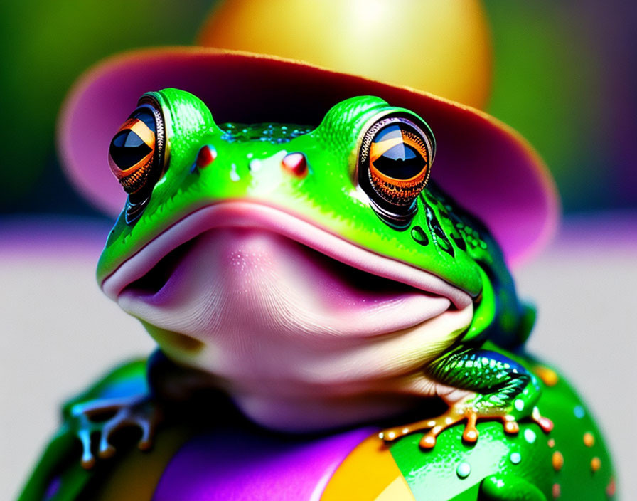 Vibrantly Green Frog with Orange Eyes and Tiny Orange Hat on Purple Background