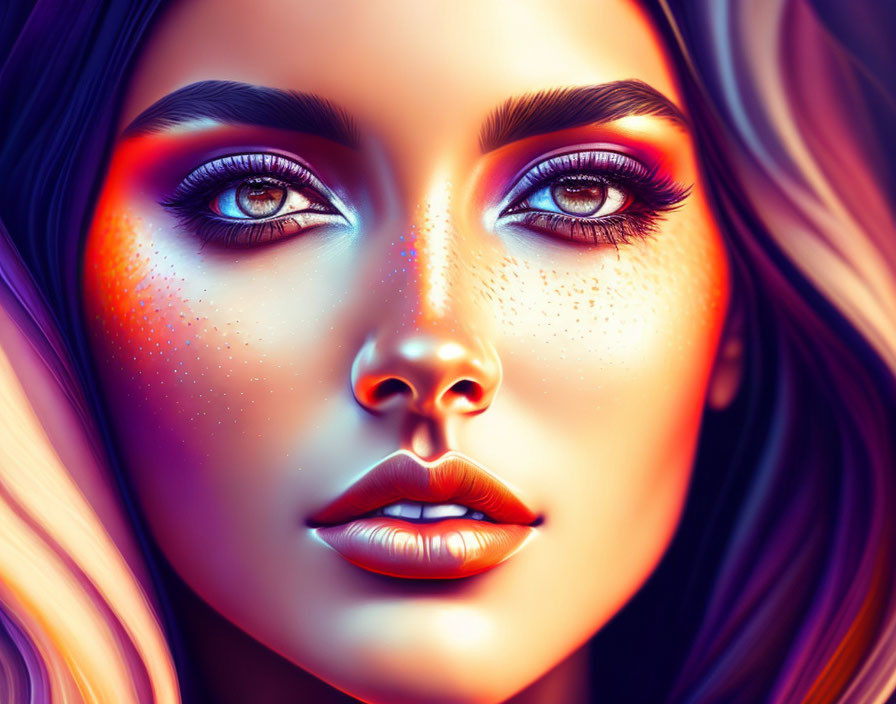 Detailed stylized portrait of a woman with luminous skin and vibrant makeup