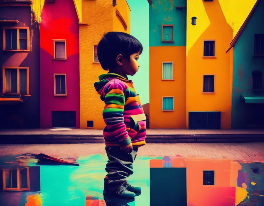 Child in Colorful Striped Hoodie Contemplates Puddle on Vibrant Street