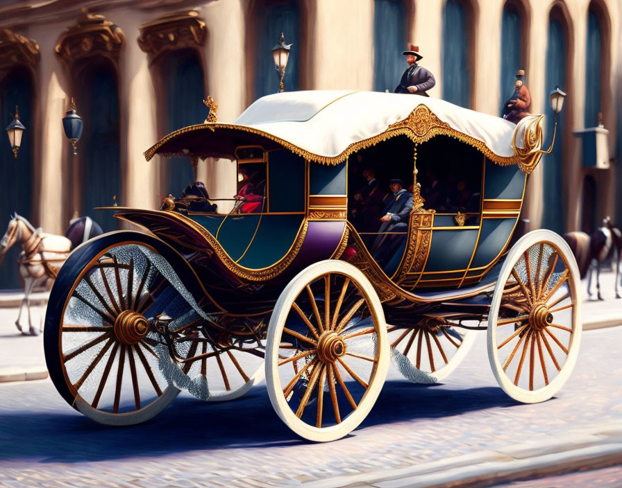 Vintage horse-drawn carriage in city street with classic architecture