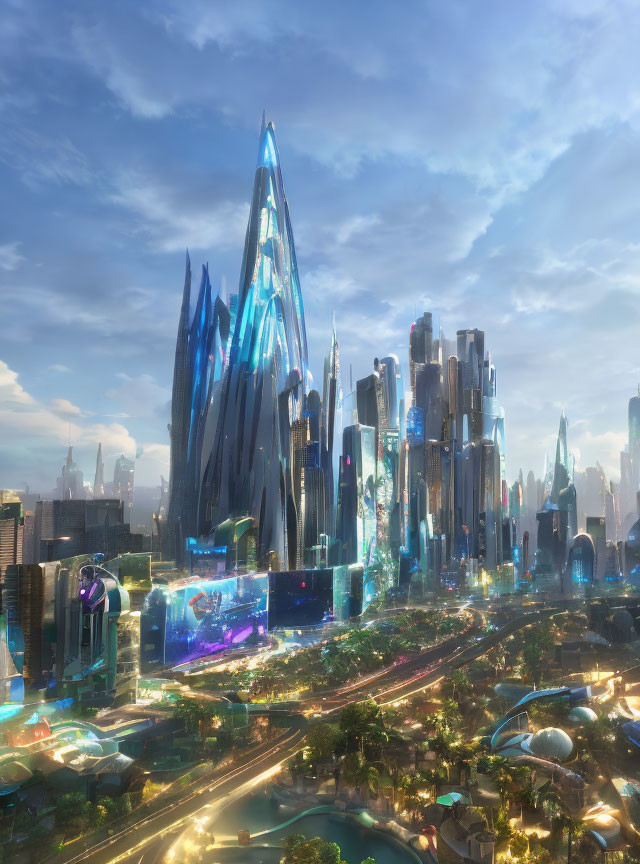 Futuristic cityscape with towering skyscrapers and lush greenery