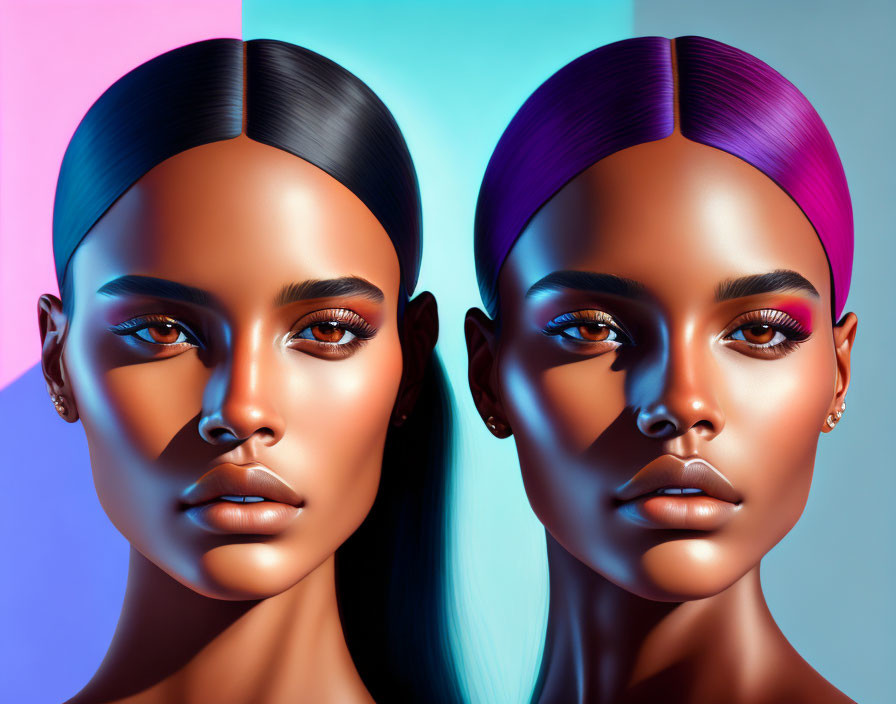 Stylized female portraits with sleek black and purple hair on dual blue-pink background