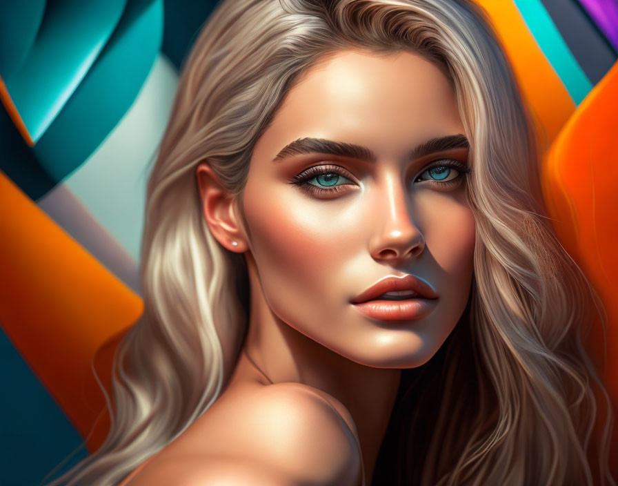 Woman with Blue Eyes and Wavy Hair on Abstract Background