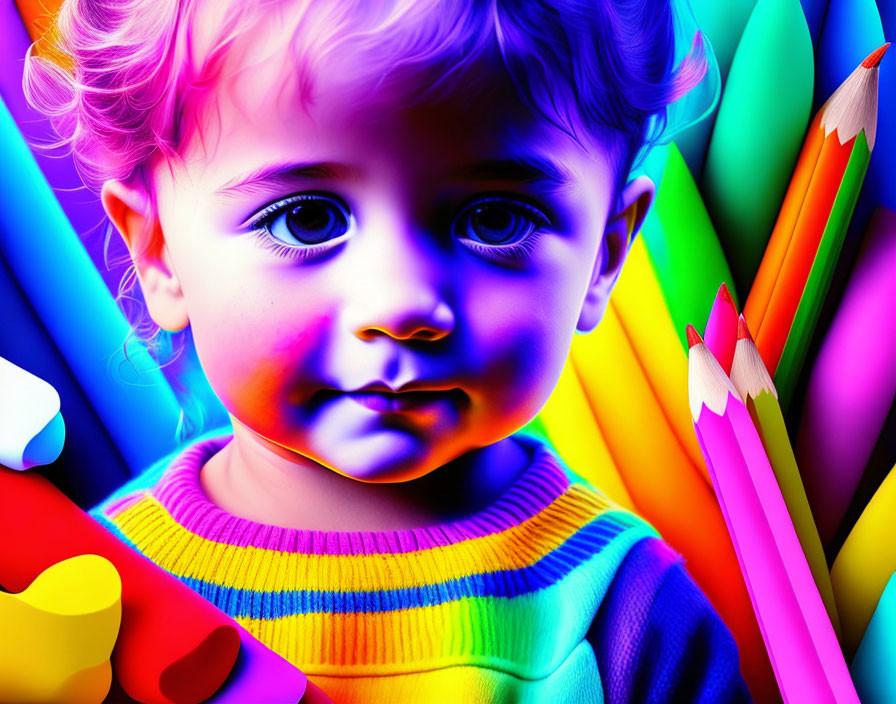 Colorful portrait of child with curly hair and blue eyes among vibrant pencils and rainbow lighting.