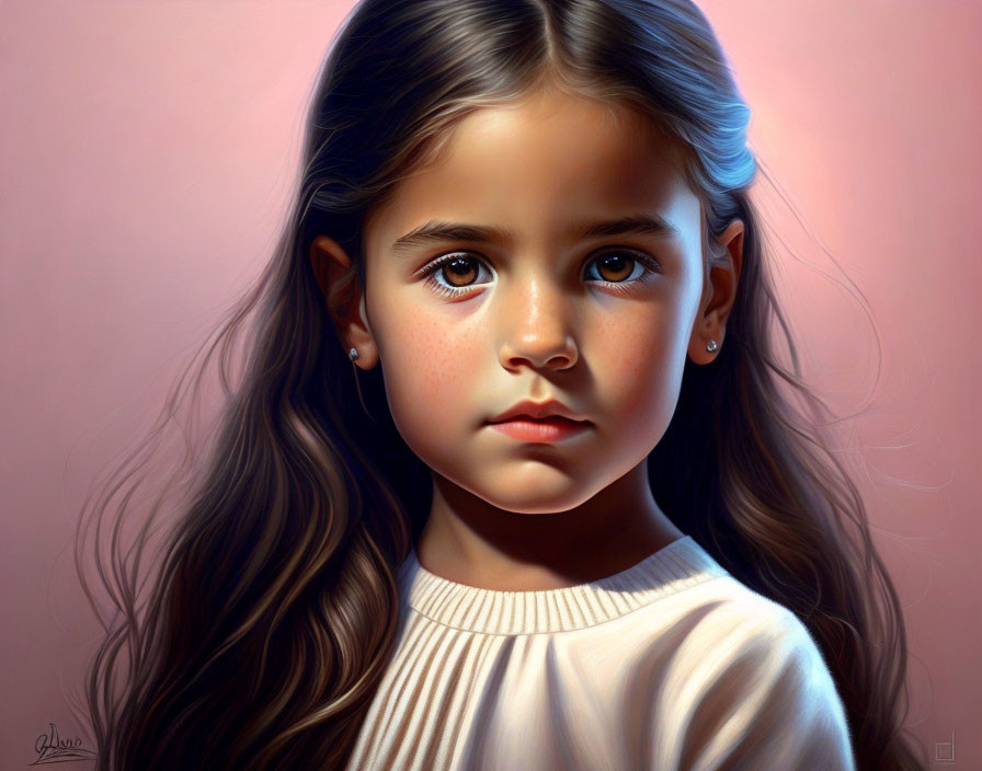 Young girl with long brown hair and blue eyes in digital painting