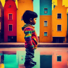 Child in Colorful Striped Hoodie Contemplates Puddle on Vibrant Street