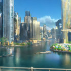 Futuristic cityscape with skyscrapers by tranquil river