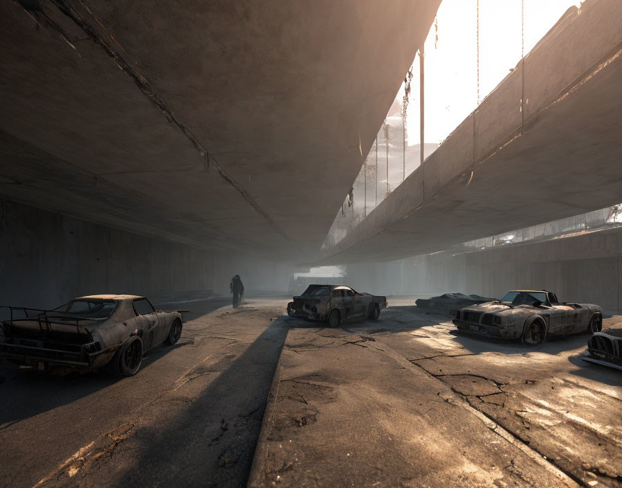 Person walking under large concrete bridge among abandoned cars in hazy sunlight.