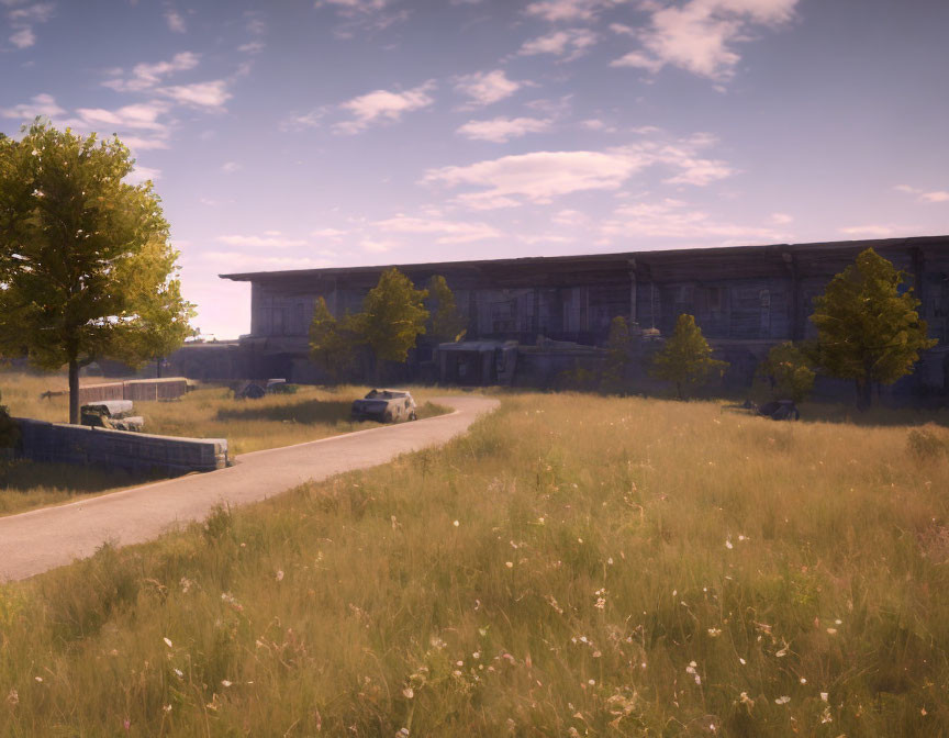 Tranquil landscape with curving road to old warehouse in grassy fields