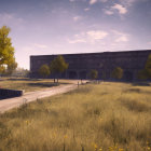 Tranquil landscape with curving road to old warehouse in grassy fields