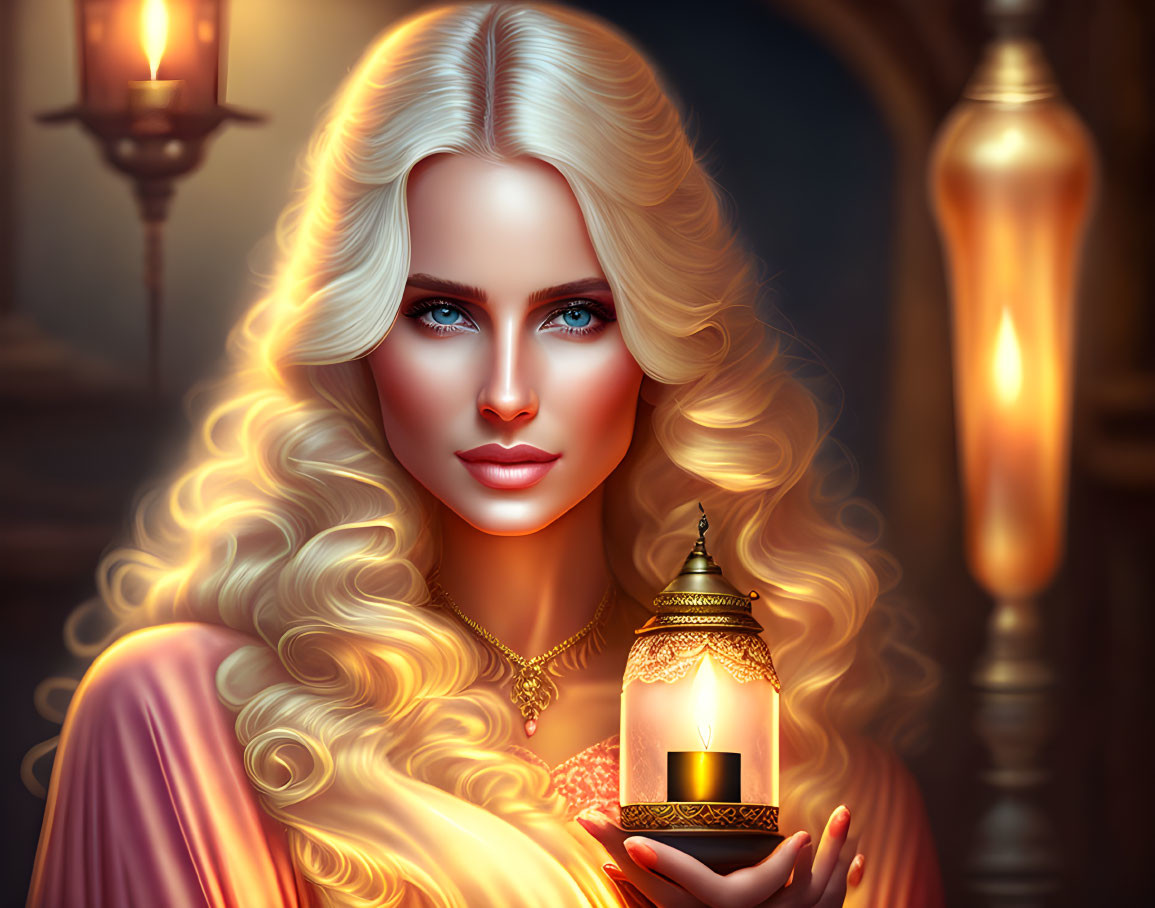 Digital artwork: Woman with blonde hair, blue eyes, lantern in candlelit room