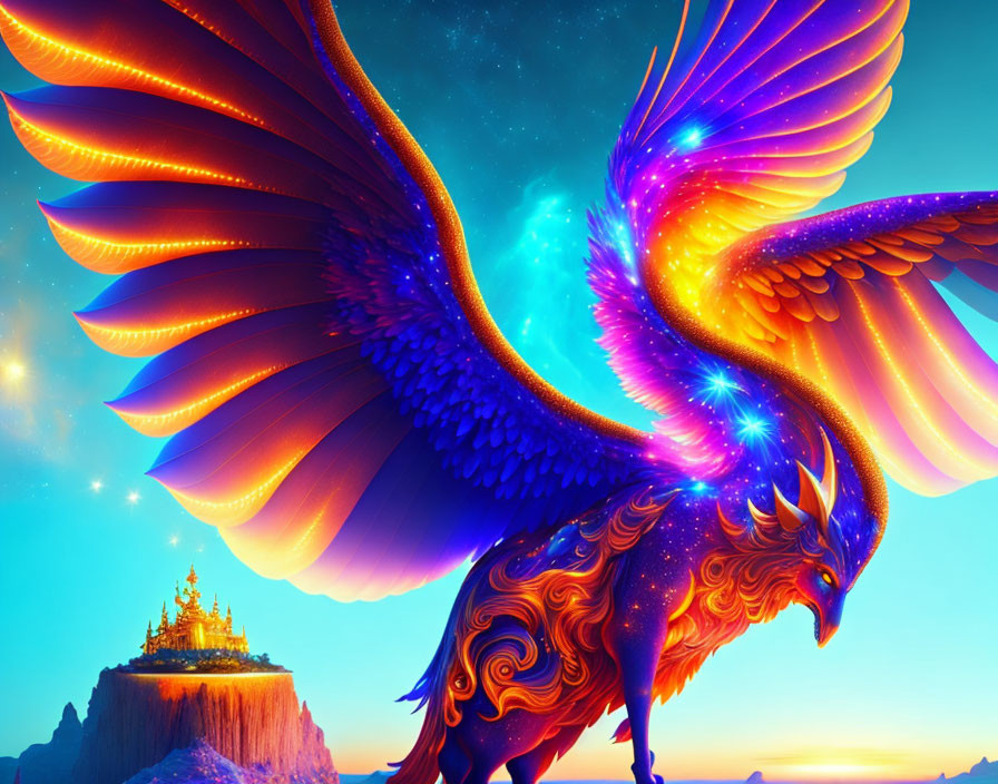 Colorful Phoenix Soaring over Starry Sky and Castle Cliff