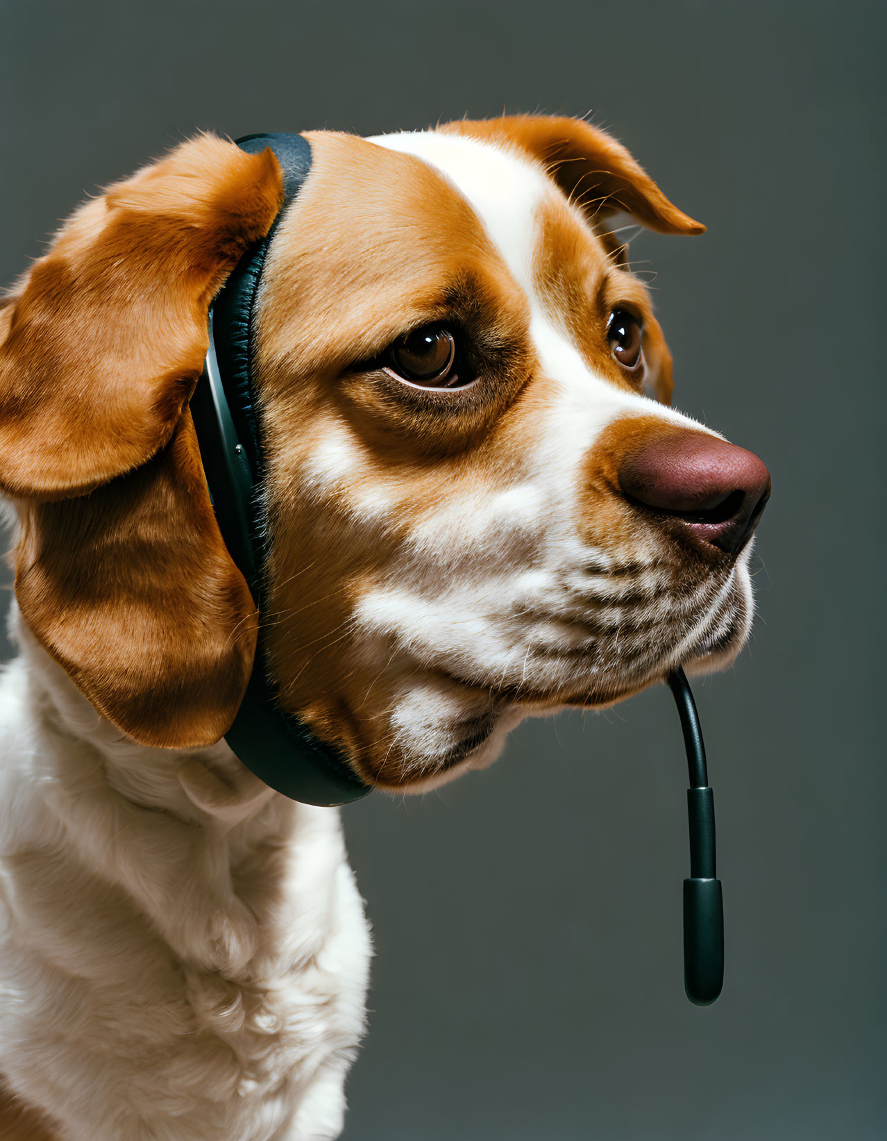 Beagle Wearing Headset and Microphone on Grey Background