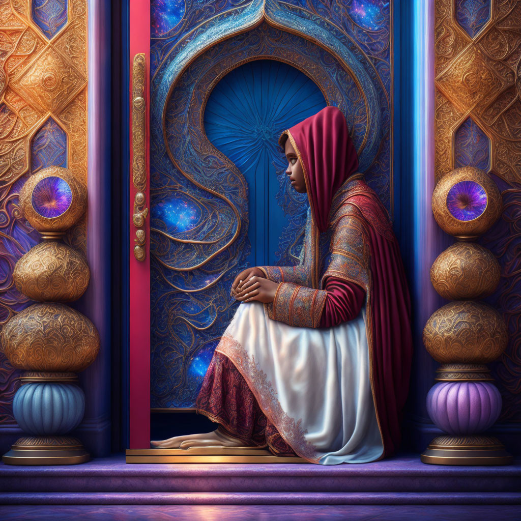 Woman in Red Hijab Sitting by Ornate Door with Decorative Vases