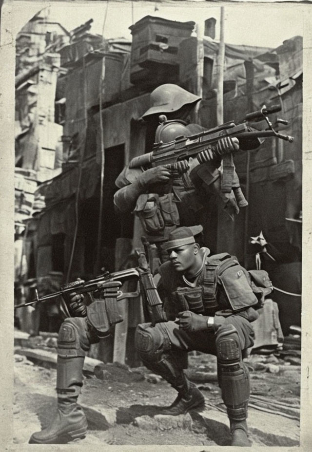 Historical soldiers with rifles in urban rubble from a past conflict