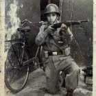 Historical soldiers with rifles in urban rubble from a past conflict