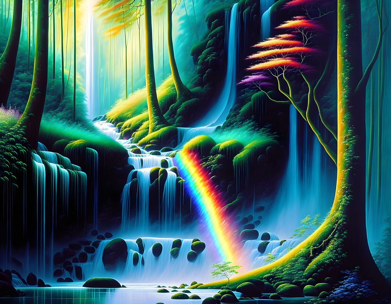 Fantasy landscape with waterfalls, rainbow, lush trees, ethereal sunlight