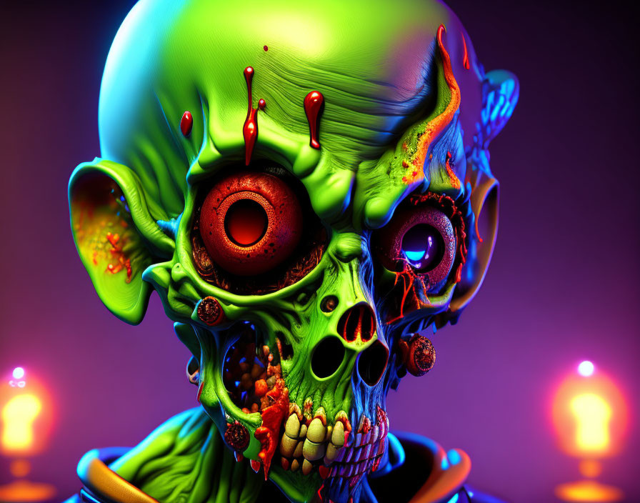 Dual-faced skull 3D illustration with neon colors and red details