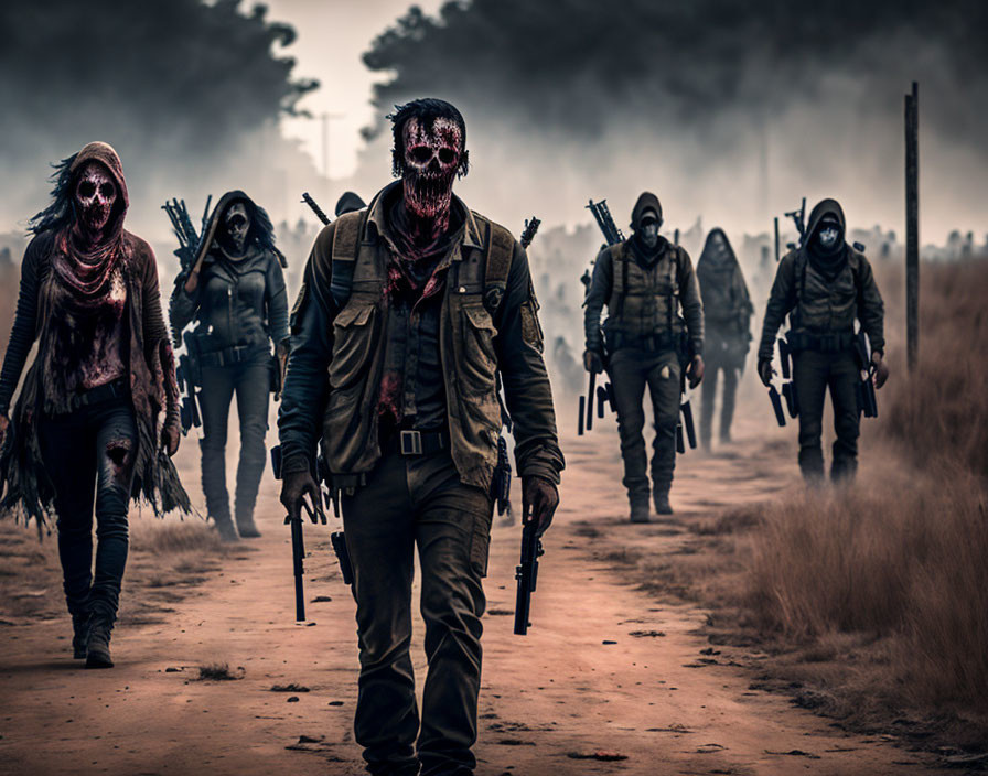 Group of people in zombie costumes on desolate, hazy path