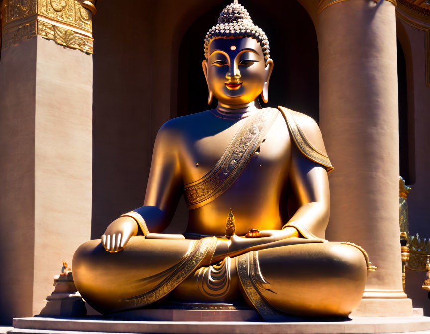 Golden Buddha Statue in Meditation with Draped Cloth Against Columned Structure