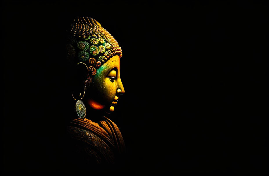 Intricate Buddha statue with warm lighting on dark background