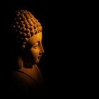 Intricate Buddha statue with warm lighting on dark background