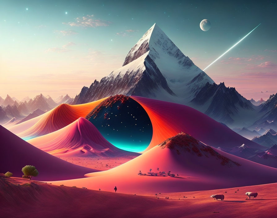 Vibrant pink and orange dunes with starry sky, mountains, and large moon
