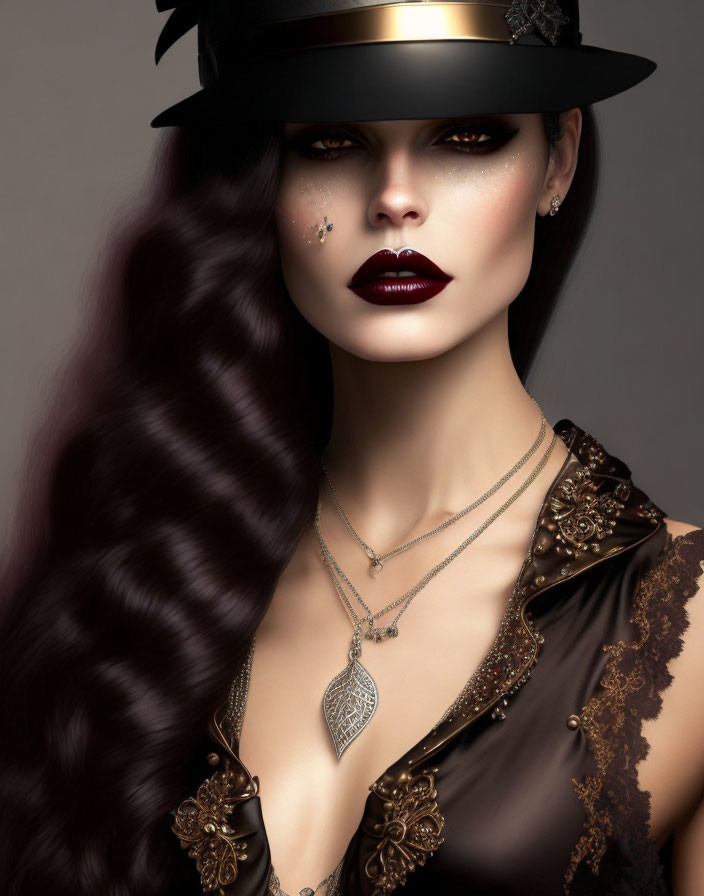 Illustration of woman with long wavy hair, hat, dark lipstick, elegant jewelry, and decorative