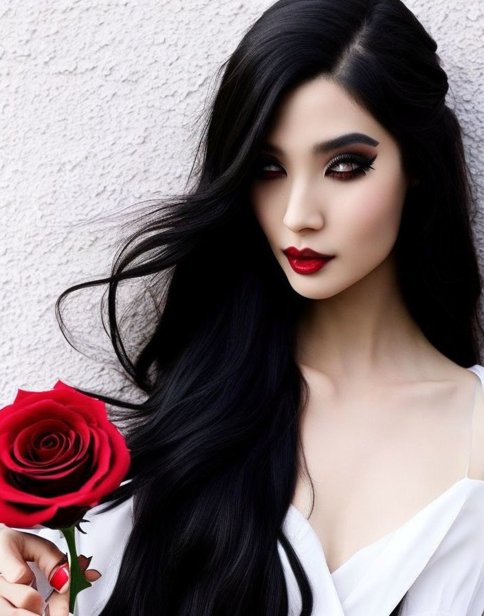 Woman with Long Black Hair and Red Lipstick Holding a Red Rose