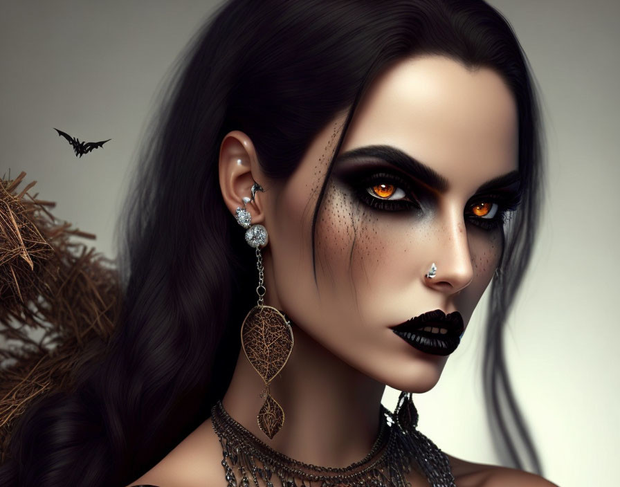 Portrait of Woman with Striking Orange Eyes and Gothic Jewelry