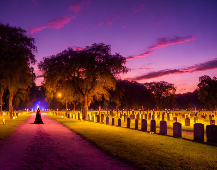 Person walking among tombstones under purple dusk sky with trees and lights.