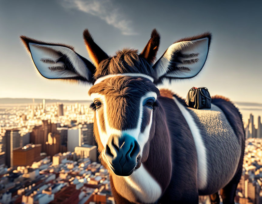 Stylized donkey with exaggerated features against urban skyline in golden light