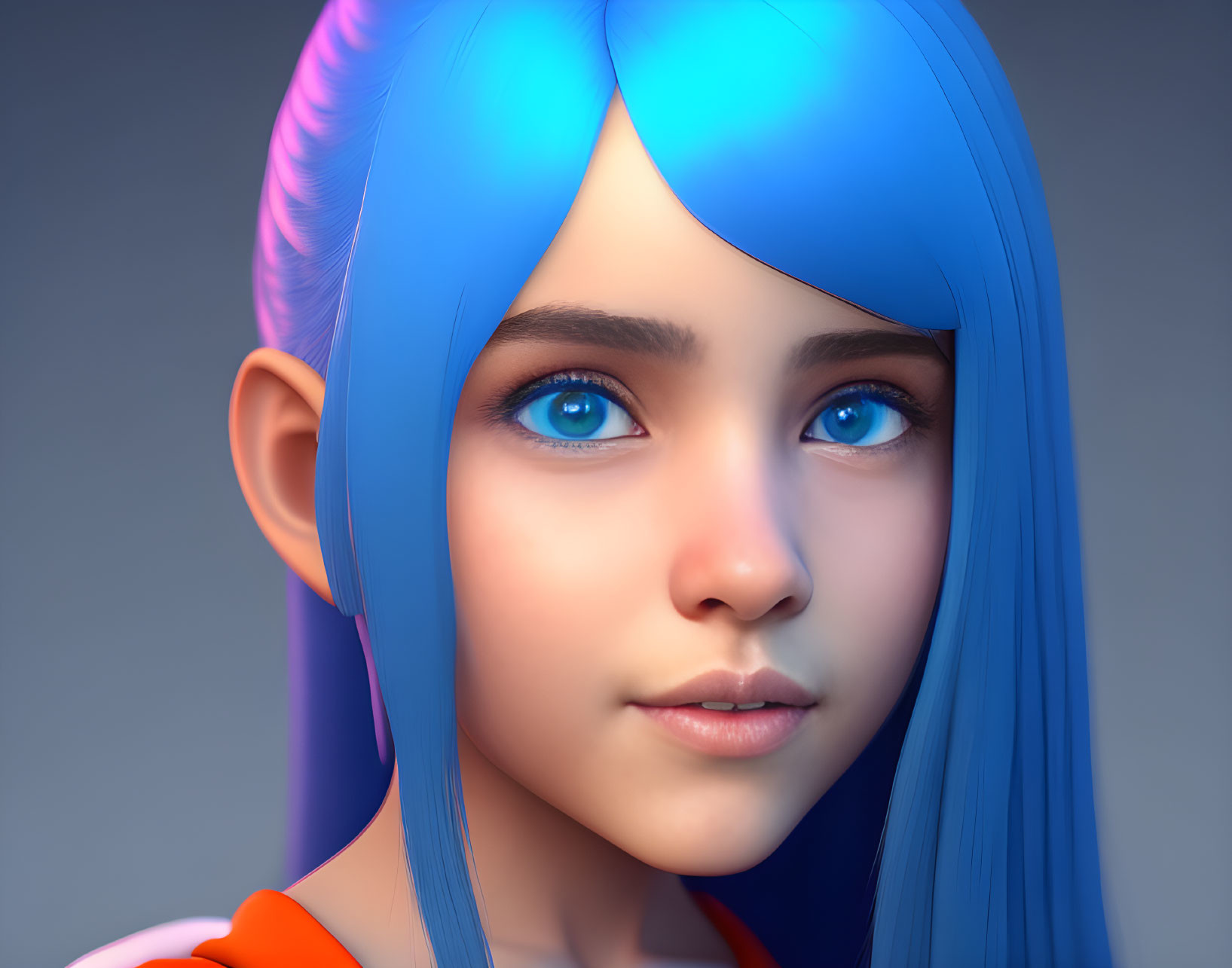 Vibrant 3D-rendered portrait: girl with blue hair, blue eyes, orange top