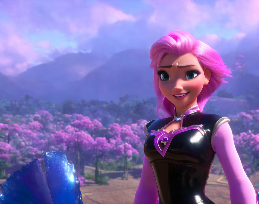 Pink-haired animated character with heart pendant in front of purple trees and hazy sky