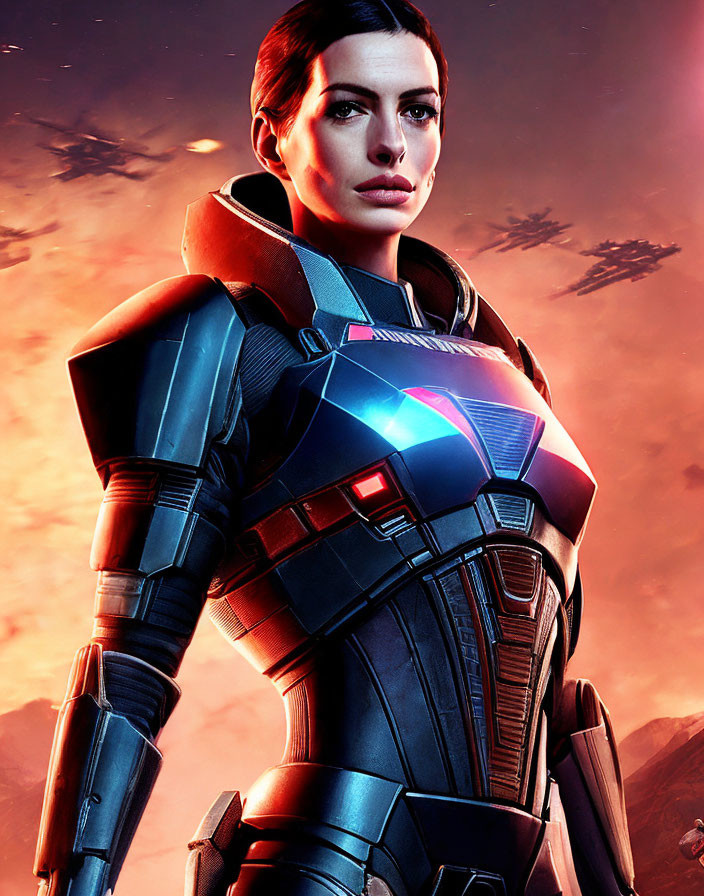 Digital illustration: Woman in futuristic armor under fiery sky.