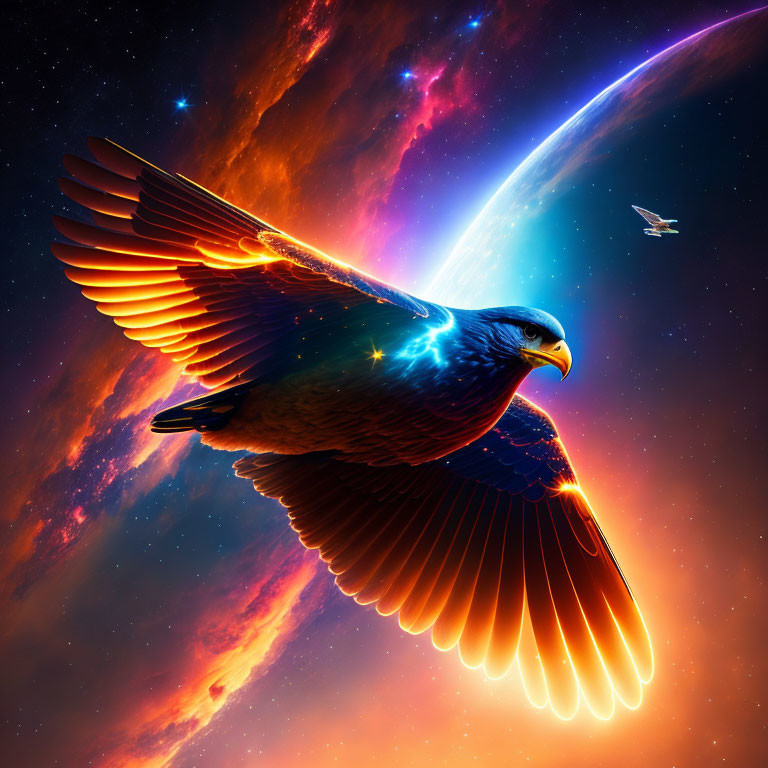 Majestic eagle with fiery wings in cosmic sky full of stars and comet