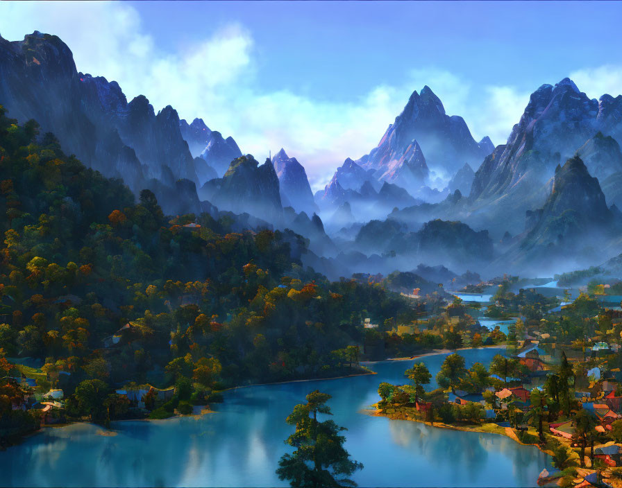 Scenic village landscape with river, forests, and mountains