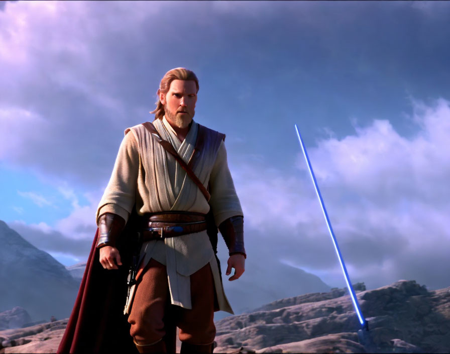 Bearded male character in brown robe with blue lightsaber on rocky terrain