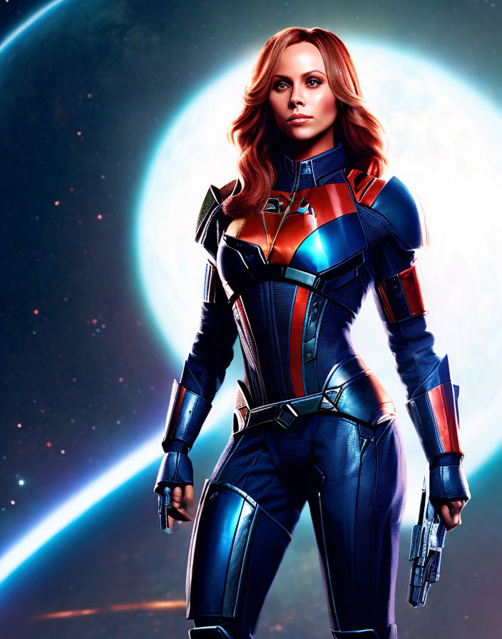 Female superhero in blue and red armor with cosmic background