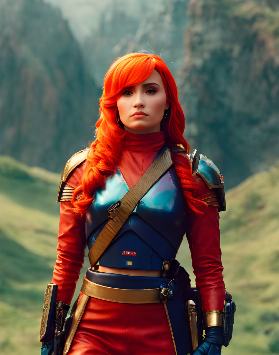 Futuristic costume person with orange hair against mountain backdrop