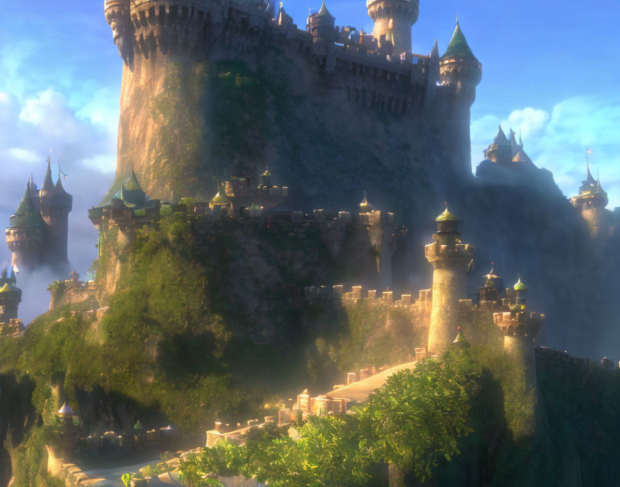 Majestic castle on cliff with lush greenery and towers