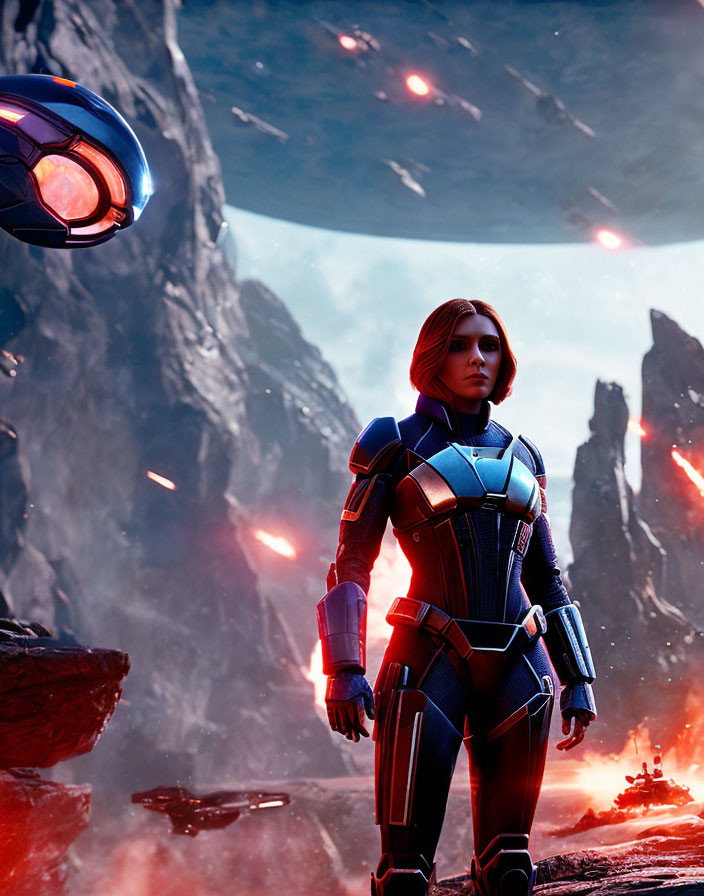 Female astronaut in futuristic suit on rocky alien planet with lava and spaceships.