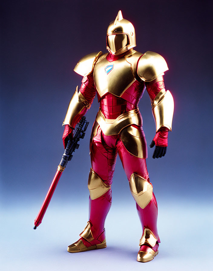 Gold and Red Iron Man Action Figure with Light-Up Weapon on Blue Gradient Background