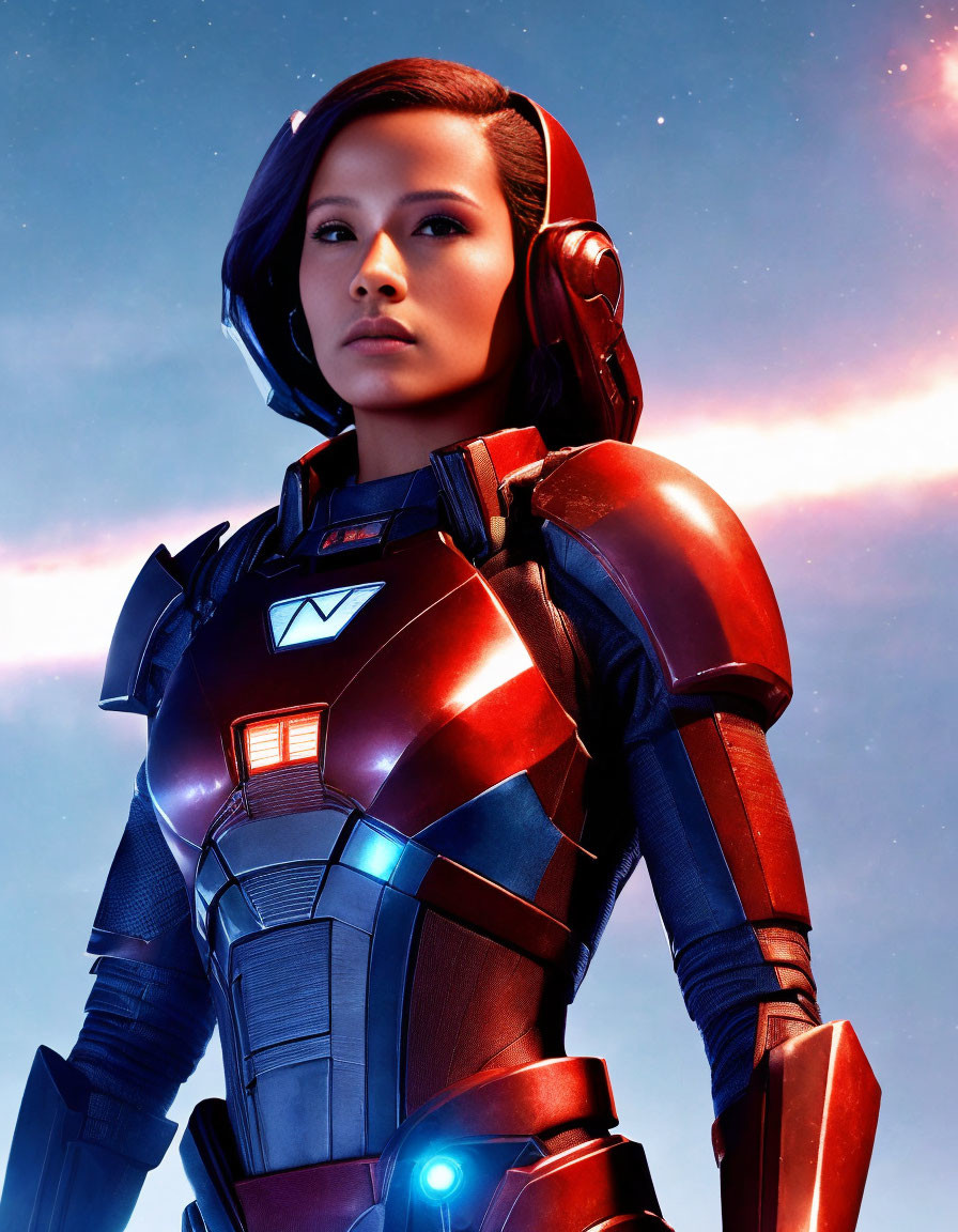 Futuristic red and blue armored person against starry sky