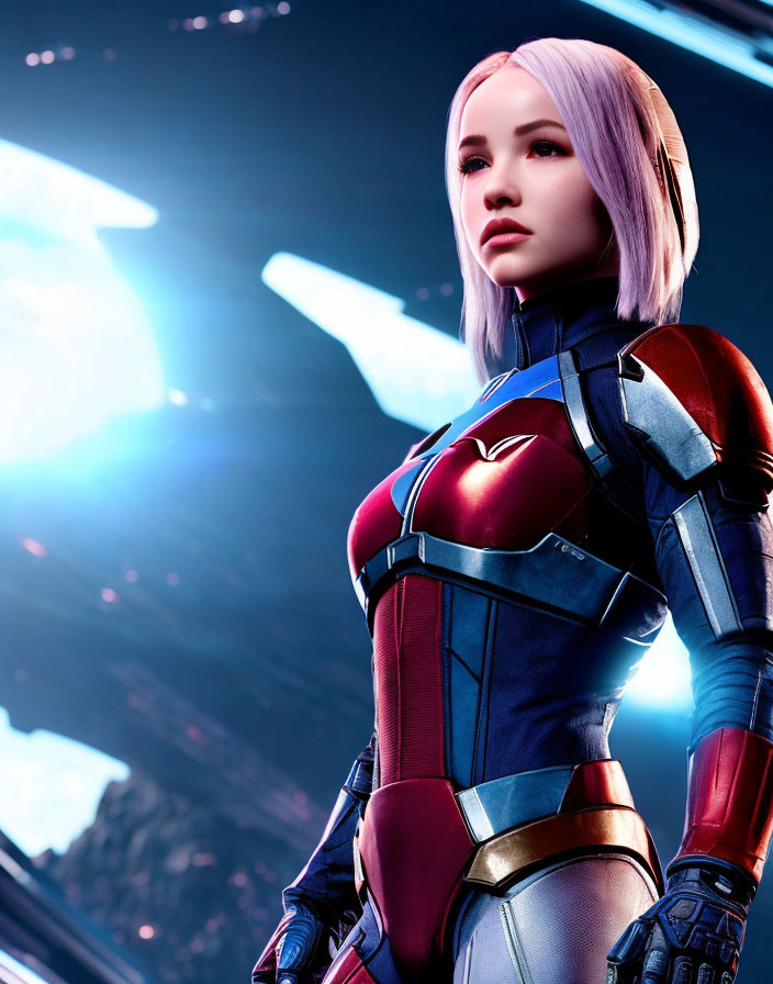 Silver-haired female character in futuristic red and blue armor suit amidst blue energy beams