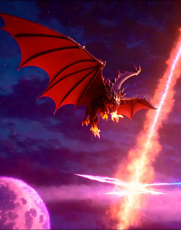 Majestic red-winged dragon flying in twilight sky with purple moon and pink beams