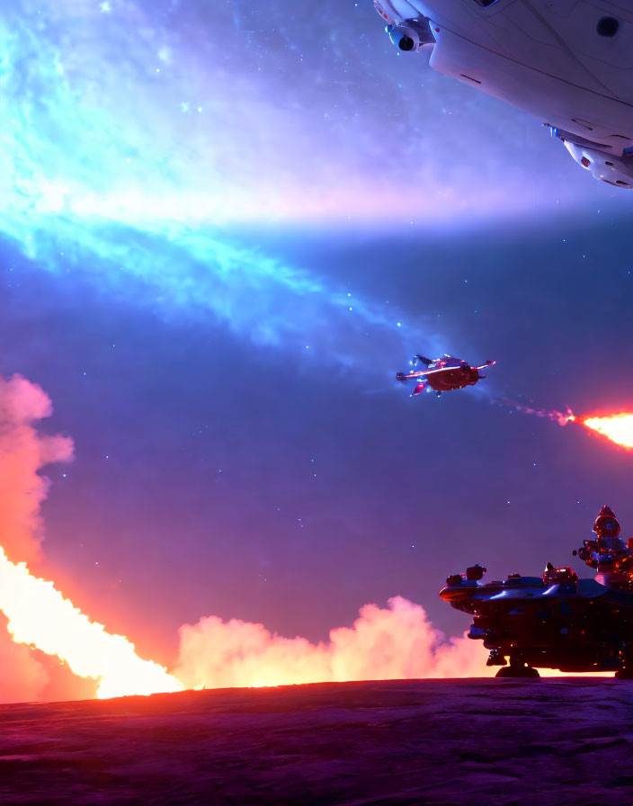 Sci-fi scene with spaceships, explosion, stars, and nebulae